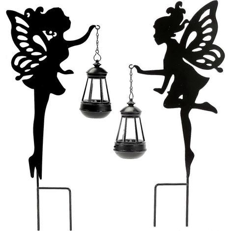 Lot de 2 lampes solaires à piquer pour jardin, lanternes féériques suspendues en métal, décoration solaire extérieure pour jardin, silhouette lumineuse à piquer, ornements décoratifs pour jardin. (1/5)