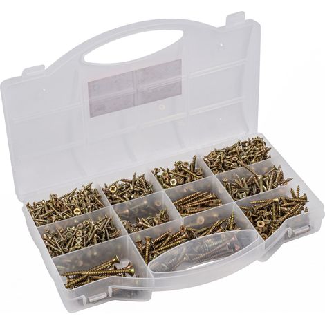 Assortiment de vis universelles 900 pièces – Différentes tailles – Tête fraisée – Entraînement PZ Pozidriv – Filetage complet – Jaune galvanisé/jeu de vis/boîte d'assortiment (1/2)
