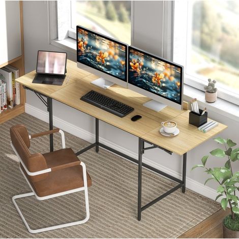 Bureau pliable 170x58x78 cm en bois et métal chêne noir, gain de place pour bureau FloraGrace (1/5)