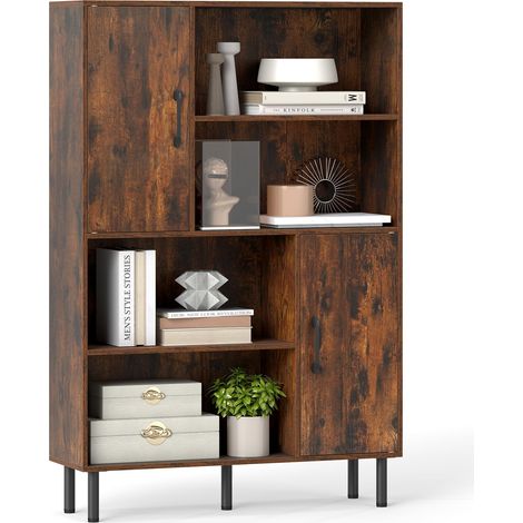 COSTWAY Credenza Mobile da Cucina, Libreria Verticale in Legno con 2 Ante, 4 Ripiani Aperti e 5 Gambe in Metallo, Mobile Dispensa Moderno per Soggiorno, Studio e Ufficio, 80 x 24 x 119,5 cm (Marrone) (1/5)