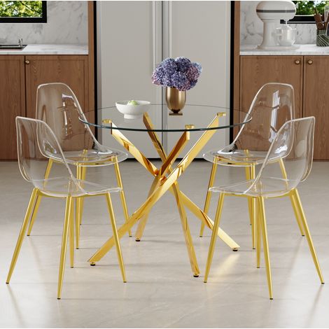 Mesa de comedor redonda con 4 sillas transparentes OKMYHOME (1/5)