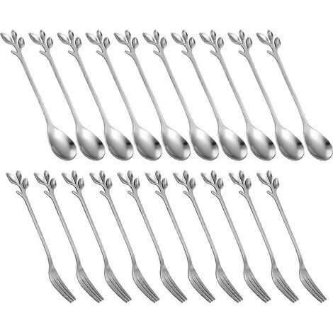 Set aus 20 Kuchengabeln und Teelöffeln, 12 cm lang, silberfarben (10 Löffel + 10 Gabeln).