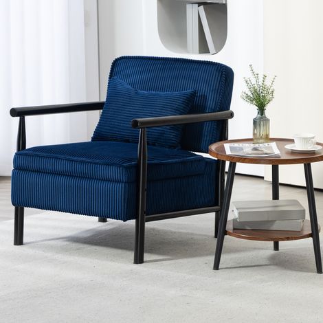Sillón relax azul de terciopelo con estructura de madera y cojín lumbar (1/5)