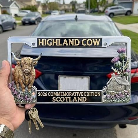 Plaque d'immatriculation originale et tendance « Vache des Highlands » - Argent