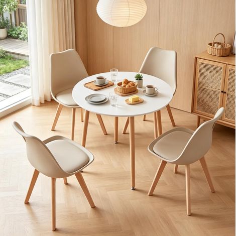 Ensemble table à manger ronde avec 4 chaises bois plastique similicuir 80 cm blanc (1/5)