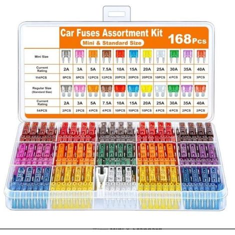 Kit de 168 fusibles pour voitures, camions, camping-cars, poids lourds et motos (2 A, 3 A, 5 A, 7,5 A, 10 A, 15 A, 20 A, 25 A, 30 A, 35 A, 40 A). Mini-fusibles et fusibles automobiles standard.