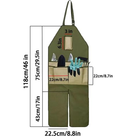 Tablier de jardinage long - Tablier utilitaire réglable pour les jambes - Tissu Oxford imperméable - 6 poches - Pour travaux de jardin, cueillette en extérieur et tablier anti-salissures - Kaki (1/4)