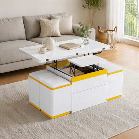 Tavolino basso sollevabile e pieghevole 100 x 50 x 43 cm con contenitore, bianco e giallo DESVIAE (1/5)