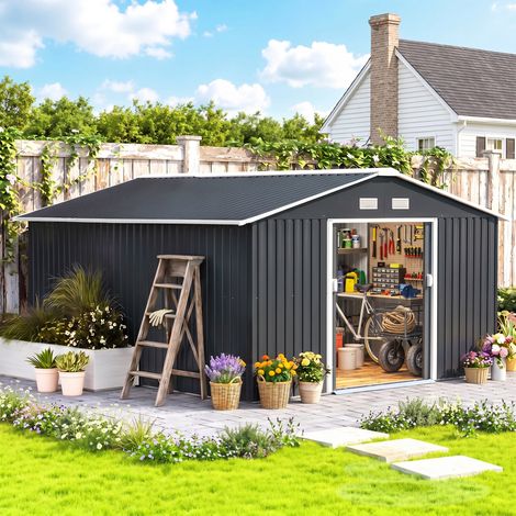 Abri de jardin en acier galvanisé de 12,4 m² avec fondations, ouvertures de ventilation, toit à deux pans, double porte coulissante verrouillable, abri à outils, gris (1/5)