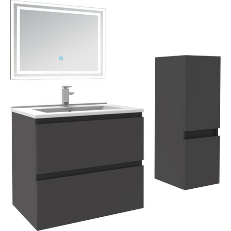 Ensemble meuble de salle de bain 60cm, vasque céramique + colonne bas + LED miroir rectangulaire, anthracite (1/5)