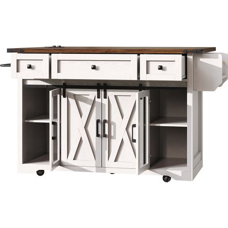 Isla de cocina con encimera extensible y enchufe, 120,2 x 45,3 x 91,5 cm, blanco y negro (1/5)
