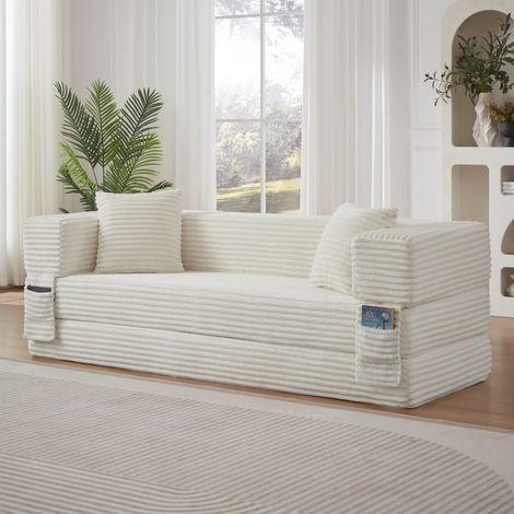 Divano letto a 3 posti - 200x76x60 cm - in velluto a coste - design modulabile e moderno - schiuma ad alta densità - bianco (1/5)