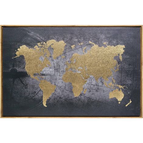 Atmosphera – Tableau toile murale encadrée imprimée carte du monde 88 x 58 cm – Panneau de fibres de bois – Polystyrène – Polyester noir et doré (1/6)