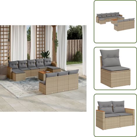 The Living Store Salon de jardin et coussins 11 pcs mélange beige résine tressée - Ensemble Salon De Jardin - Mobilier De Jardin - Canapé Extérieur - Set De Jardin - Chaise Lounge
