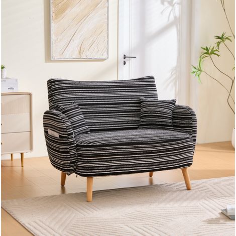 Canapé 2 places 121x81.5x87 cm, assise moelleuse, poches latérales, pieds en bois massif, tissu bouclé noir (1/5)