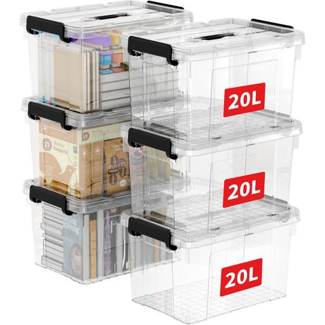 20L6 Boîte de Rangement, Bac de rangement avec Poignée, Plastique Organisateur avec Couvercle, Empilable, Transportable, pour Vêtements, Bureau, Chambre, Dortoirs, Transparent, 20L - Lot de 6 (1/5)