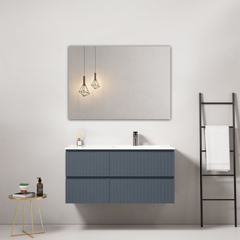 Mobile bagno sospeso cannettato 100 cm Blu Mare Lavabo a Destra in Ceramica Specchio Quadro - Fiji Paint (1/4)