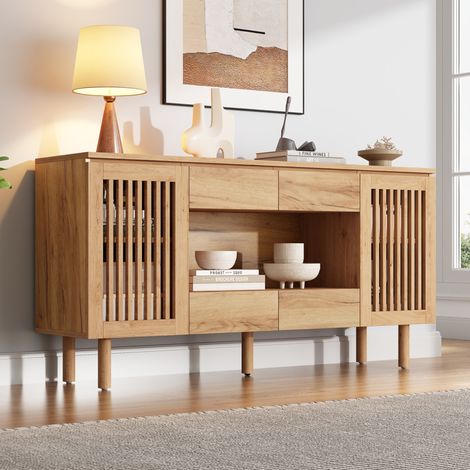 MODFU – Credenza 140x35x71 cm in MDF con 4 cassetti e 2 ante a doghe, 5 piedini in legno e carico 70 kg – Naturale (1/5)