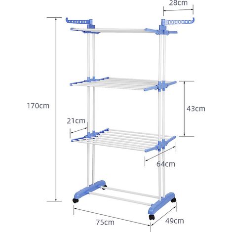 Étendoir séchoir à Linge, 3 Niveaux Grande Sechoir a Linge Pliable avec Roues, pour Intérieur et Extérieur, Bleu (1/5)