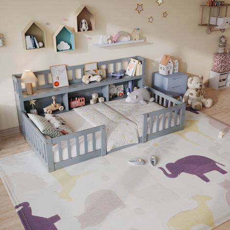 Montessori Lit de sol 90x200cm,Lit au sol en Bois pour enfants,Lit Montessori avec Sommier à Lattes,protection anti-chute, Compartiments de Rangement,pour garçons et filles,sans Matelas,Gris (1/5)