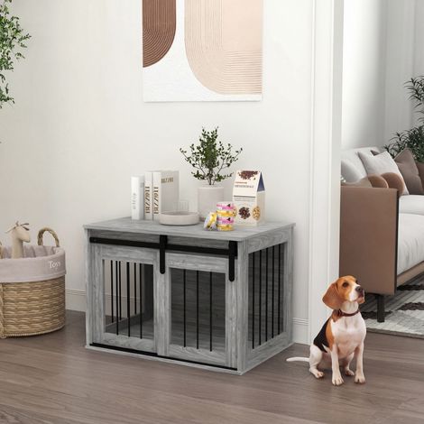 Cage caisse pour chien animaux intérieur porte coulissante, métal effet bois (1/5)