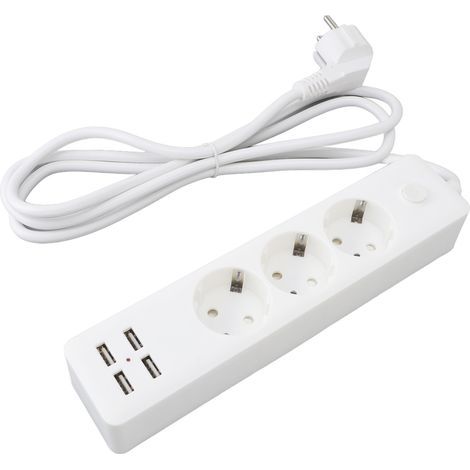 Multiprise 3 Prises + 4 Ports USB 2200W Câble 1,8m Interrupteur Tactile ABS Robuste Prise Européenne Type F Schuko Compacte (1/5)