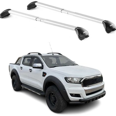 OMAC Barres de toit transversales certifiées TÜV pour Ford Ranger T6 P375 2011-2022 – Verrouillables (4 antivols) – Charge max 100 kg – Sangle inox + protection caoutchouc Argent (1/4)
