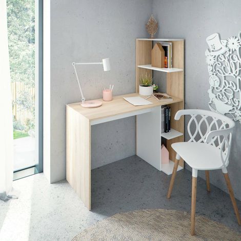 Dmora - Escritorio Dlup, Escritorio lineal con librería, Mesa de oficina multiusos que ahorra espacio, 110x52h136 cm, Blanco y Roble (1/4)
