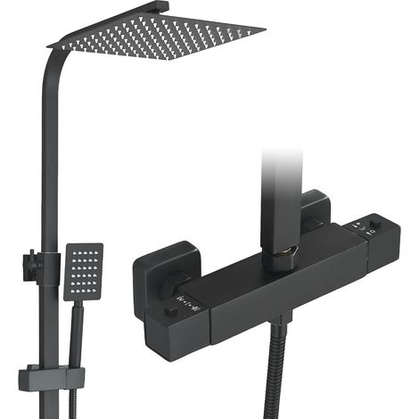 Noir Colonne de Douche Thermostatique avec Mélangeur Ensemble de Douche Réglable en Hauteur 25x25cm Pluie Pommeau de Douche Carré avec Douchette à main Acier Inoxydable (1/5)