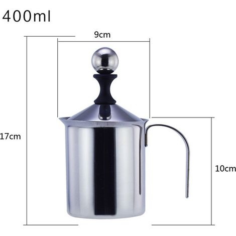 Mousseur à lait manuel 400 ml avec filtre double couche, en acier inoxydable, chauffant et facile à nettoyer, et muni d'une poignée. (1/5)