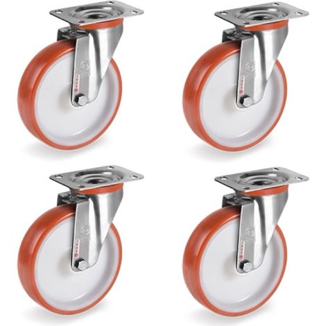 Lot de 4 roulettes INOX pivotantes polyuréthane rouge 125 mm - 660Kg (1/2)