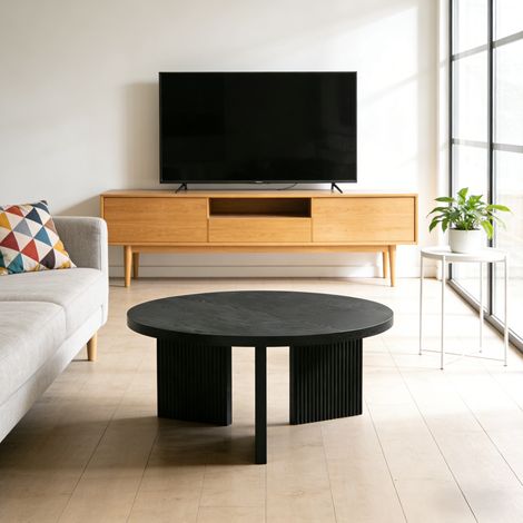 Table basse ronde 80x80x42 cm en MDF noir, compacte gain de place pour salon – MEUBLIV (1/5)