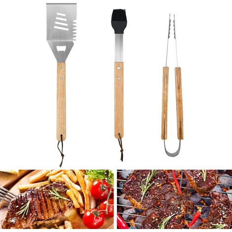 3 PCS Ustensiles de Barbecue en Acier Inoxydable, 35 2,5 cm Pince à Barbecue Brosse à Barbecue Spatule à Barbecue avec Poignées en Bois pour Barbecue de Camping, Barbecue en Plein Air (1/5)