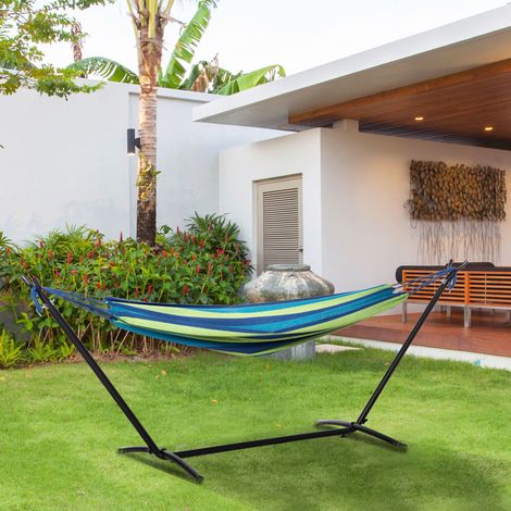 Hamac avec support 310x117 cm pour le camping, hauteur réglable, sac de transport inclus, capacité de charge 120 kg, rayures vertes et bleues (1/5)