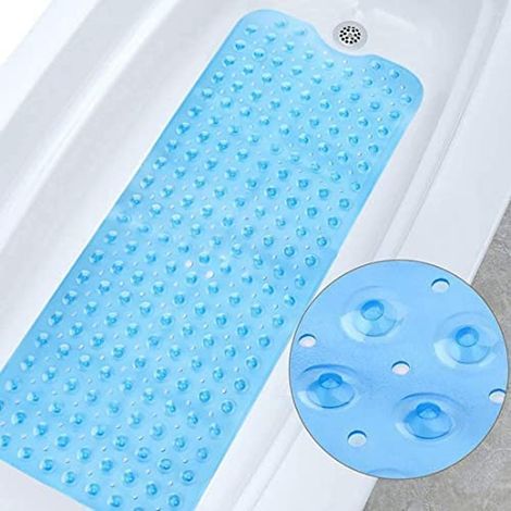 Tapis de baignoire antidérapant MoreCro®, 100 x 40 cm, extra long, résistant à la moisissure, lavable en machine (bleu transparent) (1/5)