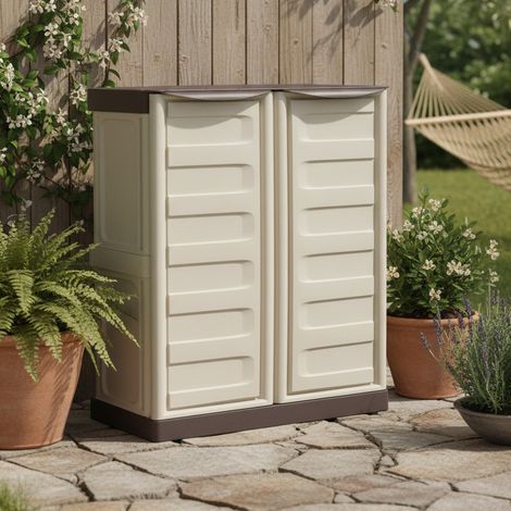 Dmora Mueble para exteriores o interno multiusos, armario bajo con 2 puertas y 1 estante de polipropileno, 100% Made in Italy, 70x39h86 cm, color beige (1/4)