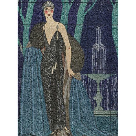 Papier peint panoramique bleu femme dans un jardin Tapisserie panoramique mosaïque idéale salon Papier peint panoramique art nouveau pour chambre (1/2)