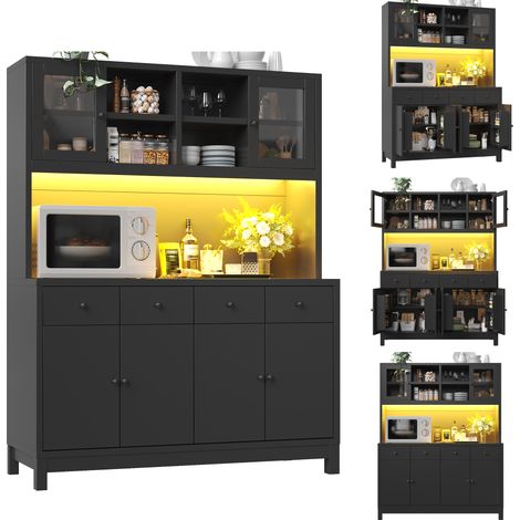 Buffet haut de cuisine noir 140cm, meuble de rangement avec led rgb, portes en verre et 4 tiroirs (1/5)