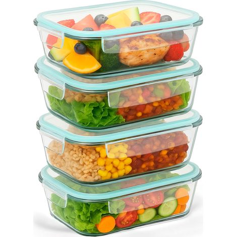 Boîtes de conservation en verre, lot de 8 (4 boîtes + 4 couvercles), hermétiques, compatibles lave-vaisselle, congélateur et micro-ondes, sans BPA (4 boîtes)