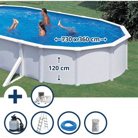 Stahlwandpool Set (6-teilig) hoch oval Classic 730x360x120 cm, Stahl 0,45mm weiß Folie 0,3mm blau (1/5)