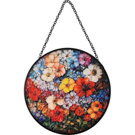 Suspension en vitrail – Motif floral – Ronde – 20 cm – Décoration lumineuse (1/4)