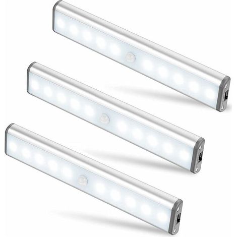 Lot de 3 Lampes 10 LED, Sans Fil, Rechargeable par USB, Aimanté, Détecteur de Mouvement, 2 Modes d’Éclairage, Portable. Lumière de Placard, Baladeuse de Secours, Veilleuse Enfant, Appoint … [Classe én (1/5)