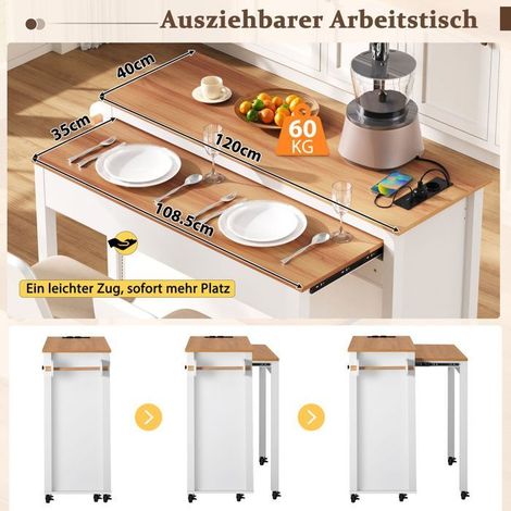 Îlot de cuisine meuble de cuisine sur roulettes espace repas extensible plan de travail compartiment poubelle multiprises intégrées (1/3)