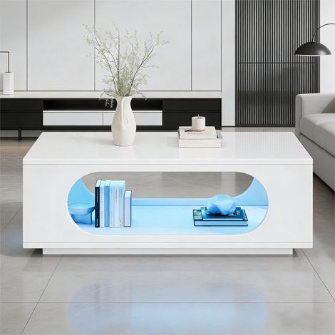 Table basse avec éclairage LED (contrôle par application), 100x50x35cm, matériau MDF, capacité de charge 30kg, table basse ajourée brillante, table d’appoint avec grand espace de rangement, table de s (1/5)