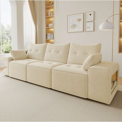 Divano modulare 3 posti 229.5x78x84 cm beige in velluto con contenitori integrati e nicchie imbottite per animali (1/5)