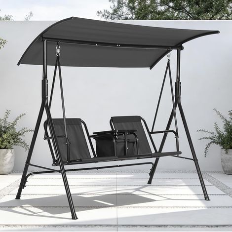 Balancelle D'extérieur 2 Places avec Auvent Réglable, Coussin de Siège Rayé Extra-Épais, Cadre en Acier, Table de Rangement Rotative, Porte-Gobelets et Sacs Isothermes(Noir) (1/5)