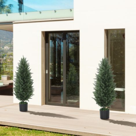 Set di 2 cipressi artificiali, alberi artificiali con 831 foglie, con vaso in cemento, resistenti ai raggi UV, pianta artificiale, 90 cm, verde