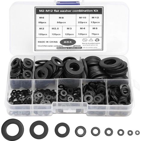 684 Pièces Rondelles Plates Noir, 9 Tailles de Rondelles M2 M2.5 M3 M4 M5 M6 M8 M10 M12, Acier au Carbone Plat Rondelles avec 1 Boîte Plastique, pour Fixations Mécaniques Industrielles (1/5)