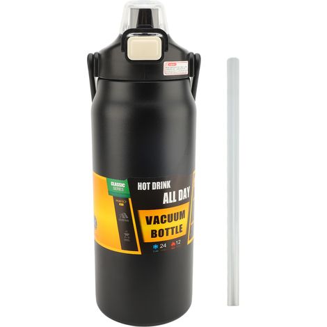 Bouteille d'eau isolée de 1500 ml avec couvercle en paille, poignée réutilisable à large bouche sous vide en acier inoxydable 304 pour hommes et femmes, salle de sport, fitness, noir (1/5)