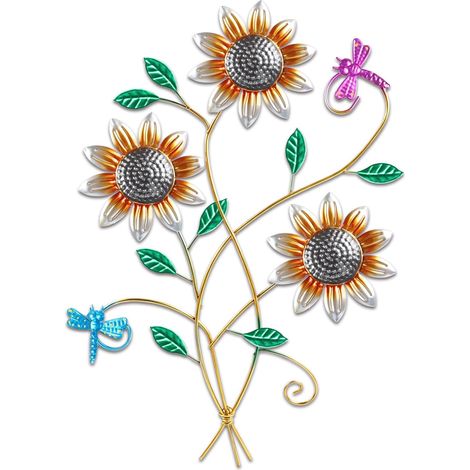 Décoration Murale de Tournesol en Métal avec Libellules – Art Mural 3D pour Salon, Chambre, Patio, Jardin et Balcon